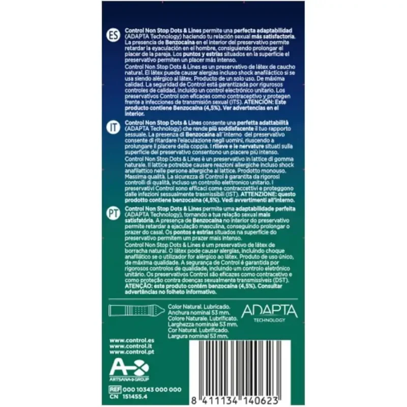 Preservativi stimolanti e ritardanti Non Stop Dots & Lines Control (12 profilattici)