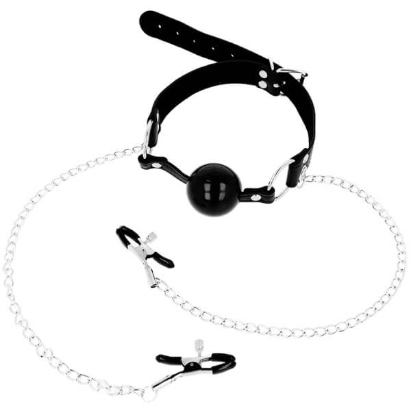 Ball gag con catene e pinze per capezzoli OHMAMA