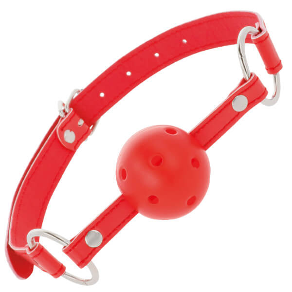 Ball gag forata rossa in PVC con cinturini in pelle DARKNESS