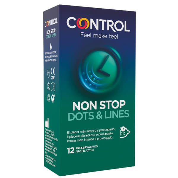 Preservativi stimolanti e ritardanti Non Stop Dots & Lines Control (12 profilattici)