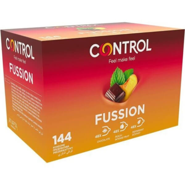 144 preservativi aromatizzati Fussion Control (cioccolato, menta, pesca)