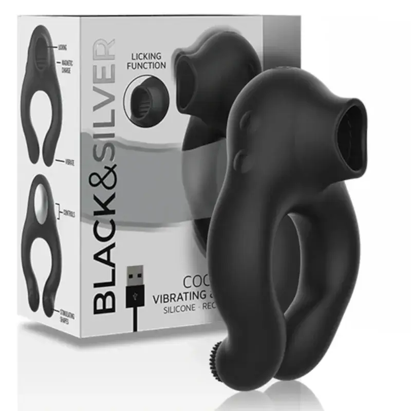 Anello vibrante per pene con lecca clitoride ‘Licking’ BLACK&SILVER