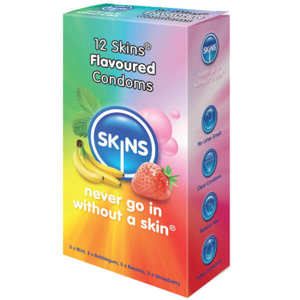 Preservativi aromatizzati alla frutta SKINS 12 profilattici (menta, chewing gum, banana, fragola)