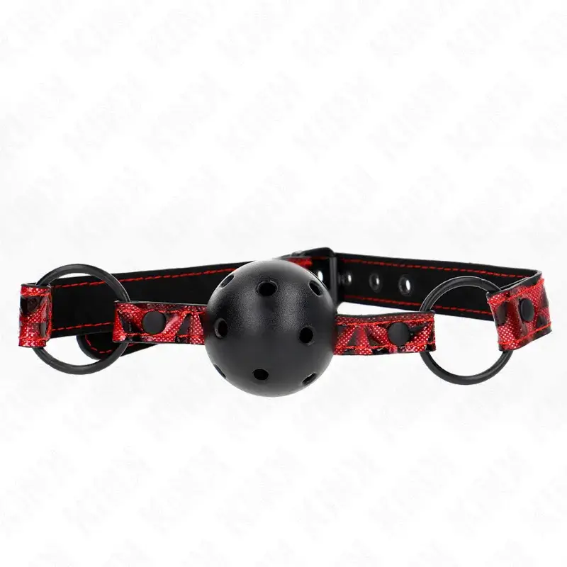 Ball gag forata nera Ø 4,5 cm con cinturino rosso e nero 64,5 cm regolabile 42/60 cm KINK