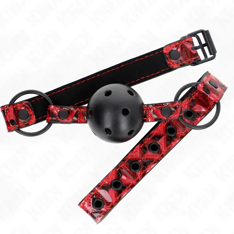 Ball gag forata nera Ø 4,5 cm con cinturino rosso e nero 64,5 cm regolabile 42/60 cm KINK