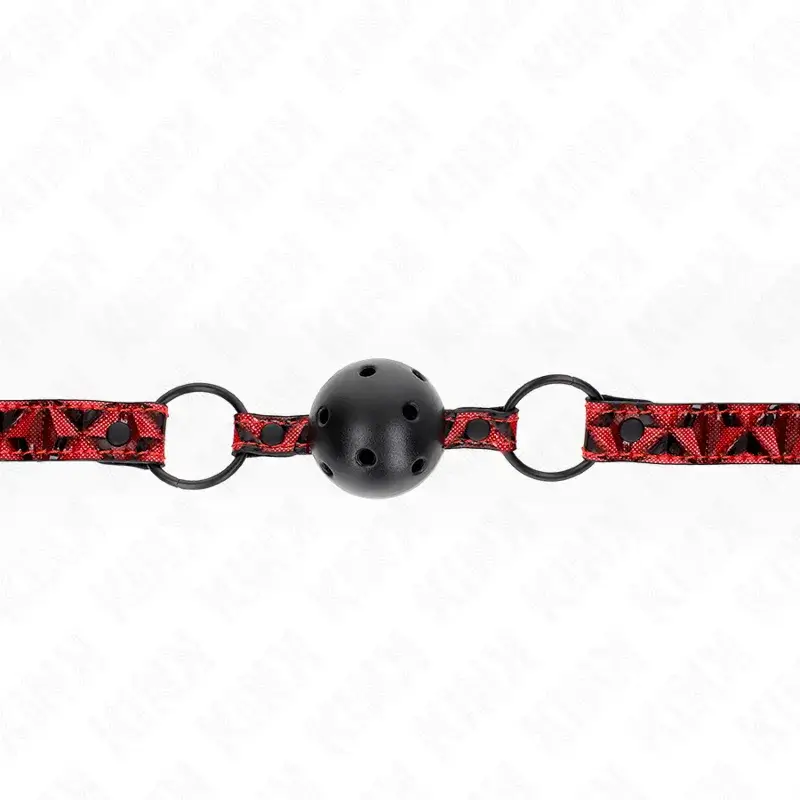 Ball gag forata nera Ø 4,5 cm con cinturino rosso e nero 64,5 cm regolabile 42/60 cm KINK