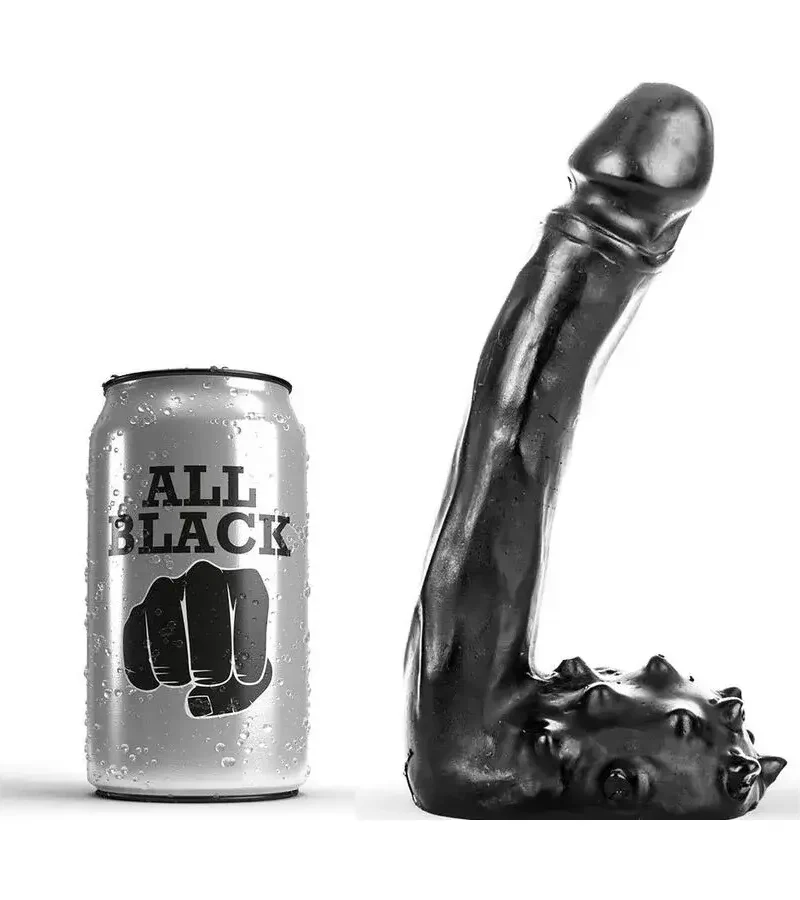 Dildo curvo nero da 19 cm e testicoli con rilievi appuntiti ALL BLACK