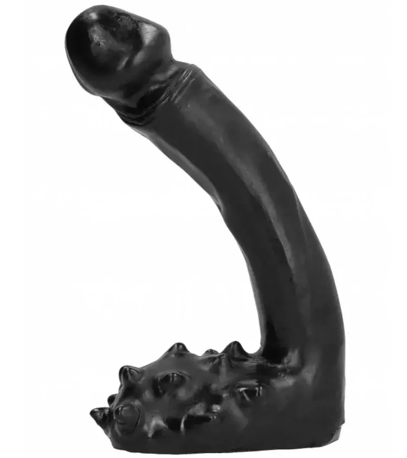 Dildo curvo nero da 19 cm e testicoli con rilievi appuntiti ALL BLACK