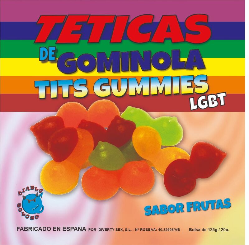DIABLO GOLOSO – GUMMY BOX GUSTO FRUTTA GLITTER TITS 6 COLORI E GUSTI LGBT MADE IS SPAIN /es/pt/en/fr/it/