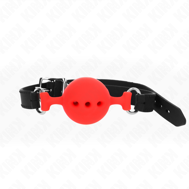 Ball gag in silicone forata rossa Ø 4,5 cm con cinturino nero regolabile 35/51 cm KINK