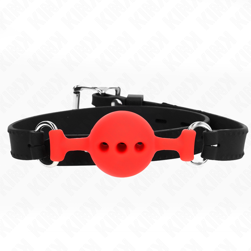 Ball gag in silicone forata rossa Ø 4 cm con cinturino nero regolabile 35/51 cm KINK