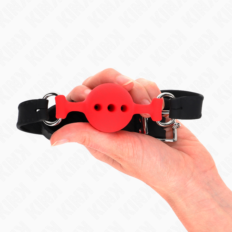 Ball gag in silicone forata rossa Ø 4 cm con cinturino nero regolabile 35/51 cm KINK