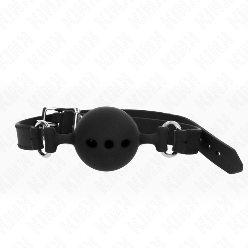 Ball gag in silicone forata nera Taglia L Ø 5 cm con cinturino nero regolabile 35/51 cm KINK