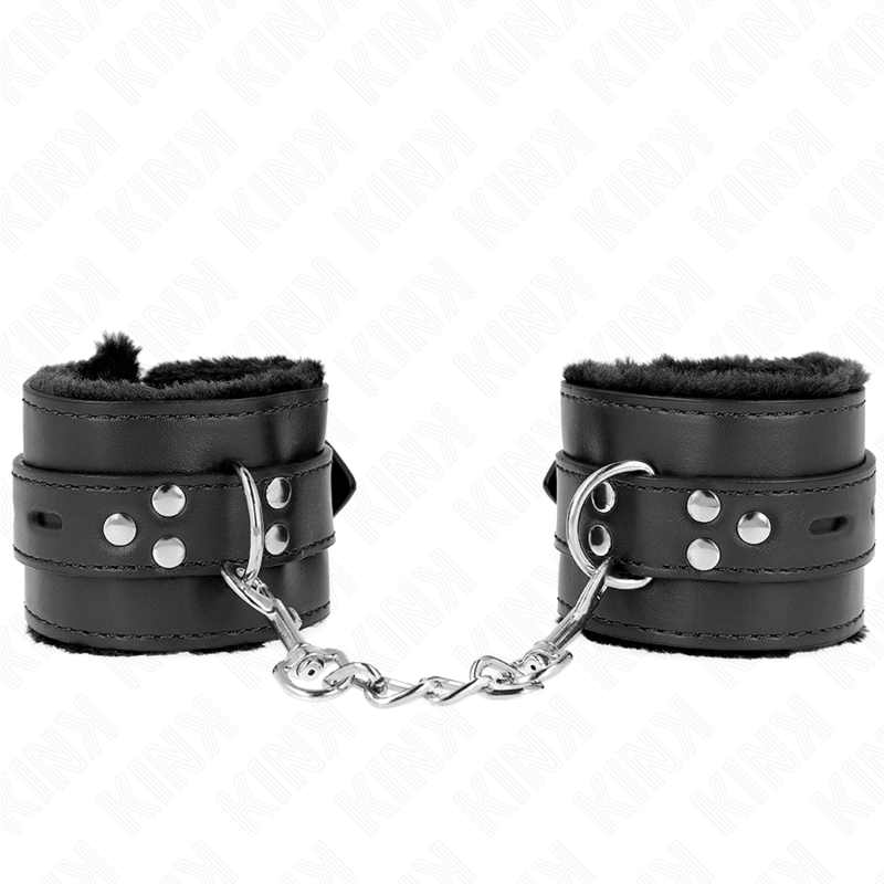 KINK – POLSINI IMBOTTITI IN PELLICCIA CON FORI QUADRI NERI E CINTURA NERA REGOLABILE 17-29 CM X 6 CM