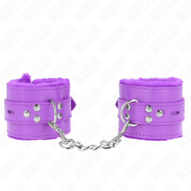 KINK – POLSINI IMBOTTITI IN PELLICCIA CON FORI QUADRI VIOLA E CINTURA VIOLA REGOLABILE 17-29 CM X 6 CM