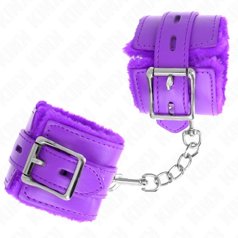 KINK – POLSINI IMBOTTITI IN PELLICCIA CON FORI QUADRI VIOLA E CINTURA VIOLA REGOLABILE 17-29 CM X 6 CM