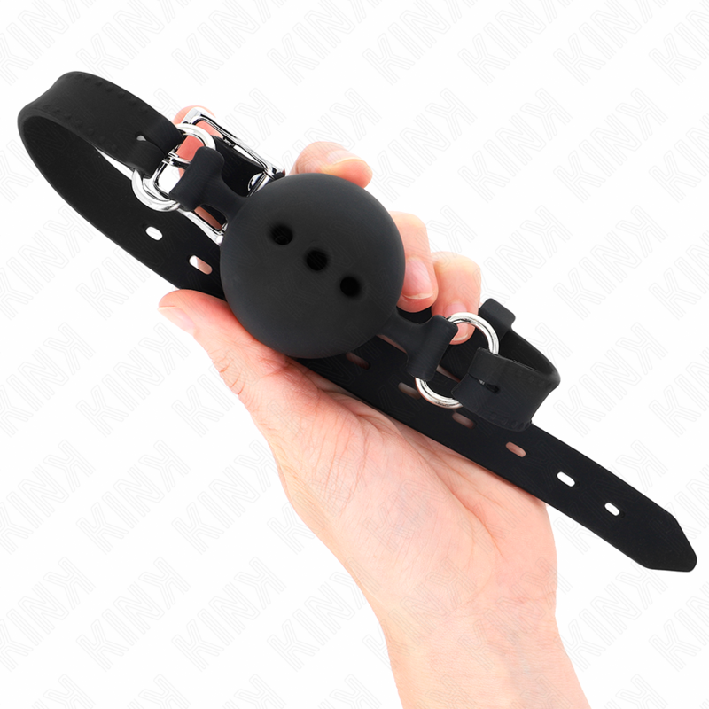 KINK – BAVAGLIO IN SILICONE INTERO 55 x 2 CM CON SFERA DA 4,5 CM MISURA M NERO REGOLABILE 35-51 CM