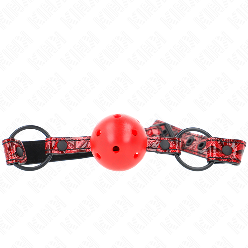 Ball gag forata rossa Ø 4,5 cm con cinturino rosso e nero 64,5 cm regolabile 42/60 cm KINK