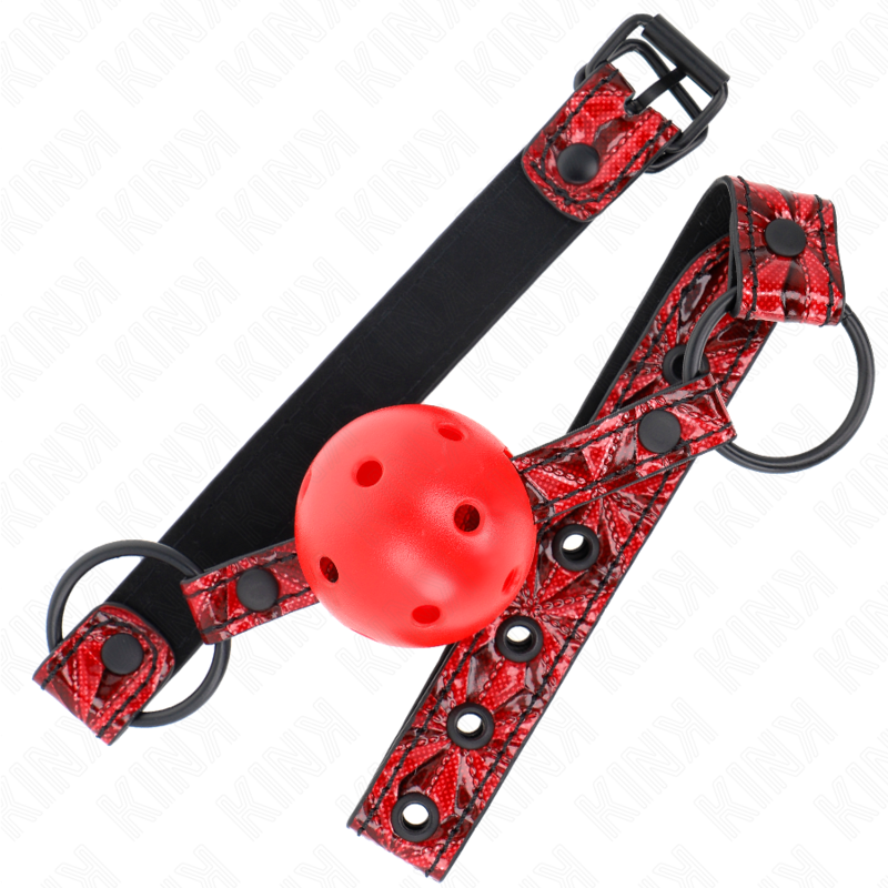 Ball gag forata rossa Ø 4,5 cm con cinturino rosso e nero 64,5 cm regolabile 42/60 cm KINK