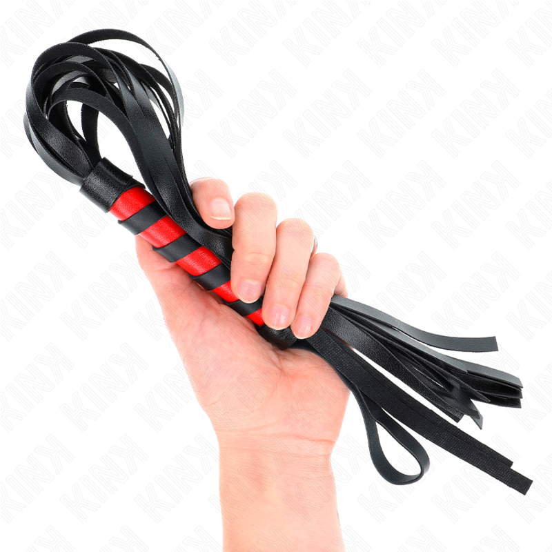 Frusta flogger nera con manico corto rosso e nero 45 cm KINK