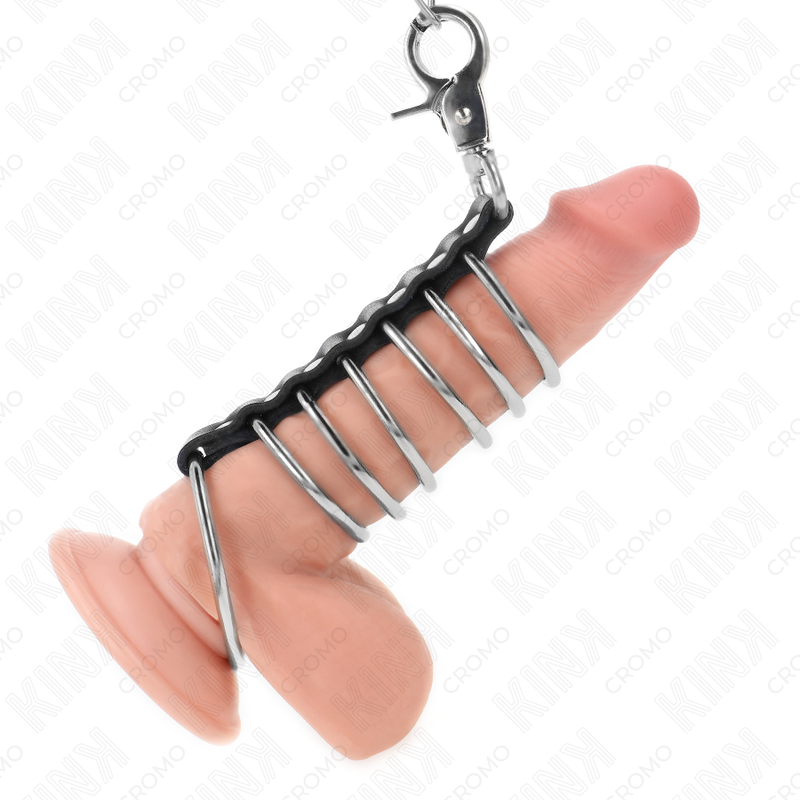 KINK – 7 ANELLI PER PENE IN METALLO DA 3,8 CM A 5 CM COLLEGATI CON PELLE E CATENA IN METALLO 100 CM