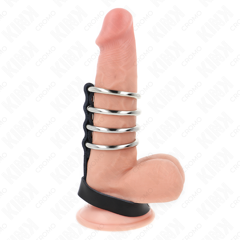 KINK – 4 ANELLI PER PENE IN METALLO DA 3,8 CM COLLEGATI CON CINTURINO IN PELLE DA 22 X 1,5 CM E CHIUSURA A PRESSIONE