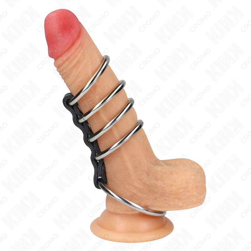 KINK – 5 ANELLI PER PENE DA 3,7 CM A 5 CM METALLO COLLEGATI DA PELLE