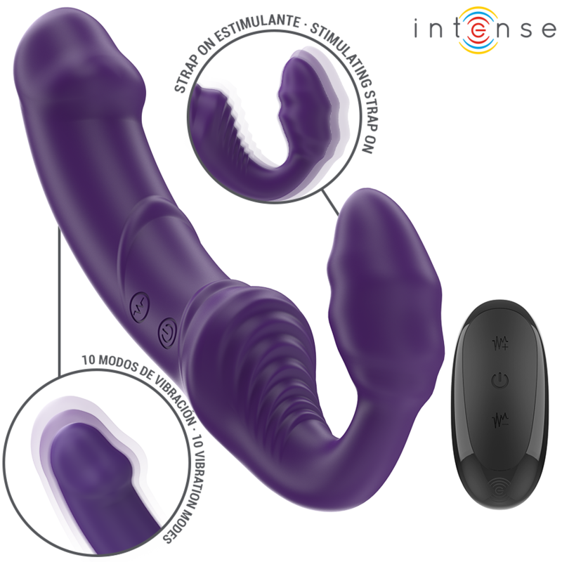 Strapless dildo viola vibrante ricaricabile con telecomando 19,8 cm ‘AMY’ INTENSE