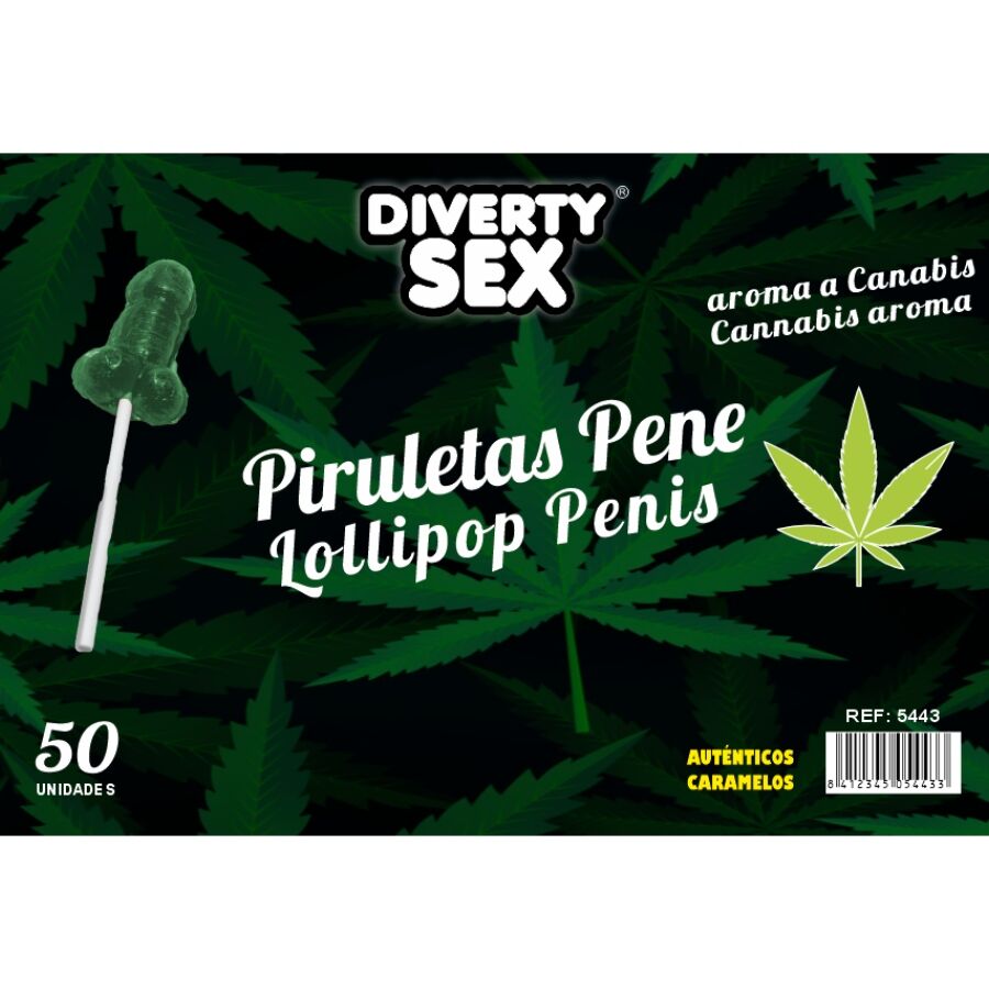 DIABLO GOLOSO – 50 LECCA-LECCA A FORMA DI PENE AROMA DI CANNABIS
